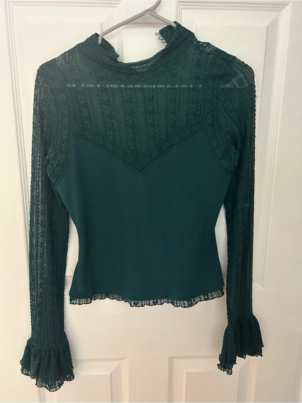 Free People Mina Lace Long-Sleeve Top in Dark Green sz S